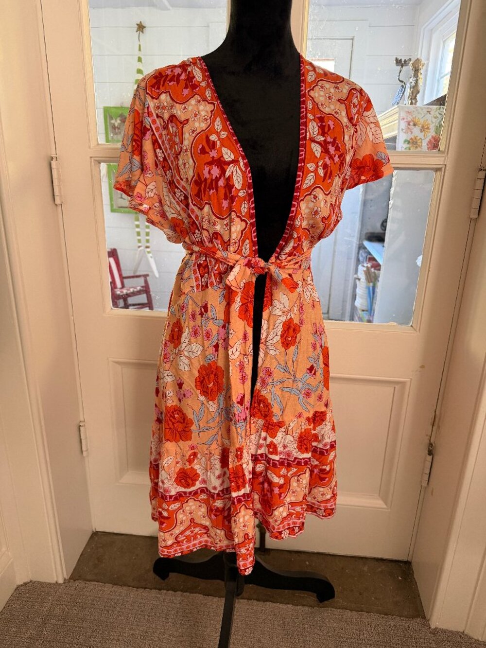 Flounce Wrap Coverup/ Dress, Oranges/Pinks/Red/Blue Floral Pattern US12